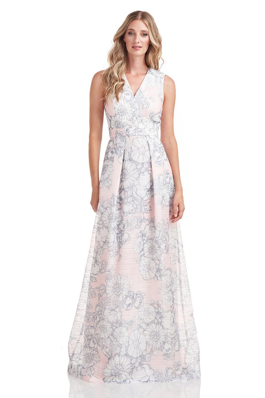 Kay Unger Eloise V-Neck Pleated Blush Floral Print Sleeveless Party Gown Size 4